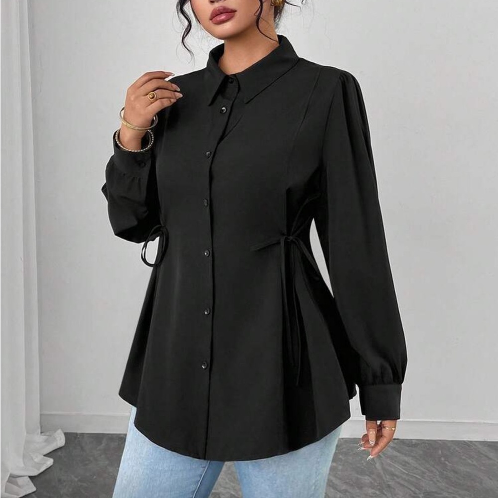 Elegant Black Side Tie Button Down Up Shirt Top Blouse